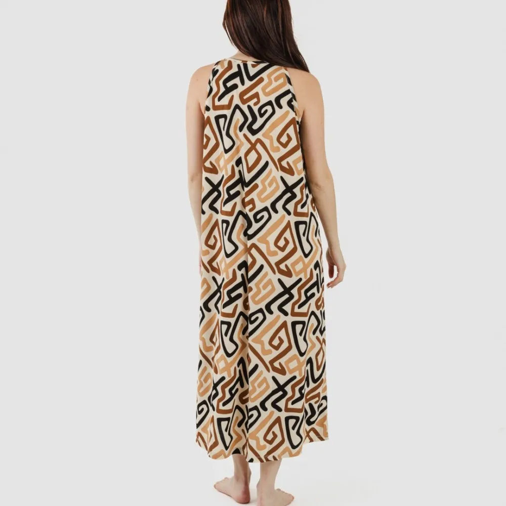 VESTIDO LARGO TIRANTES CREPE DOMEKA MARRóN  NEGRO