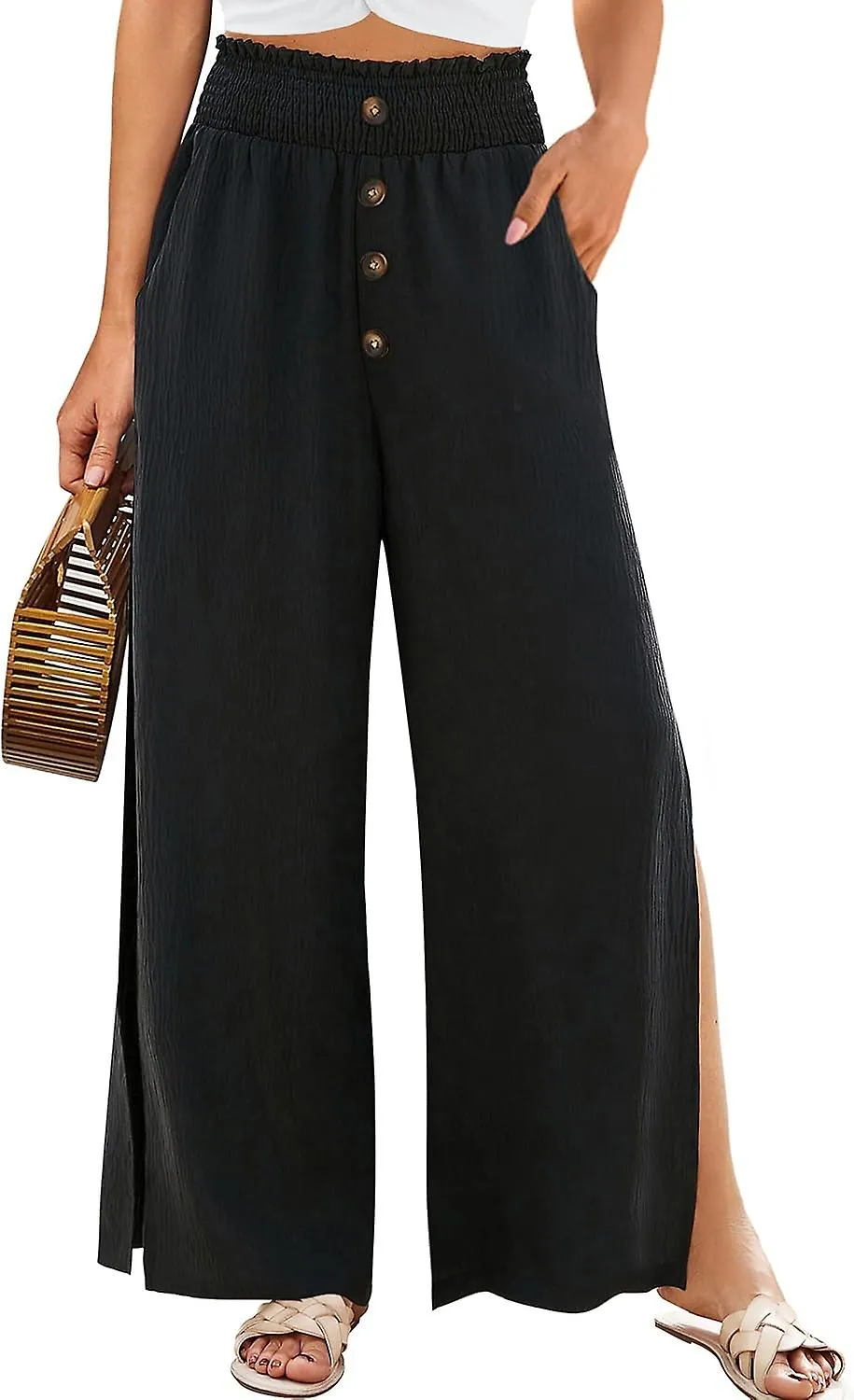 Womens Wide Leg High Waisted Pants Side Slits  Pants Summer Casual sers Gift for family/friend free delivery