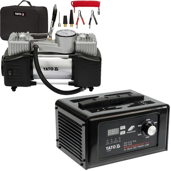 YATO  YT83051  COMPROBADOR DE BATERíA PARA AUTOMóVILES,  W, 12/24 V, 15 LA + YATO  YT73462  COMPRESOR AUTOMáTICO, 60 L / 